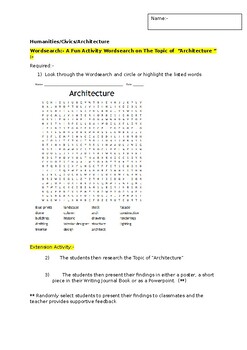 Preview of A Fun Wordsearch on ARCHITECTURE and an associated extension activity