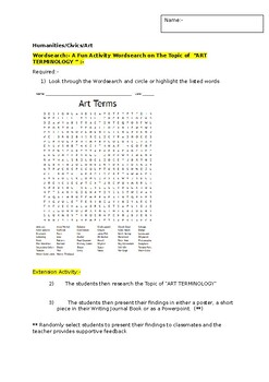Preview of A Fun Wordsearch on "ART TERMINOLOGY" and an associated extension task