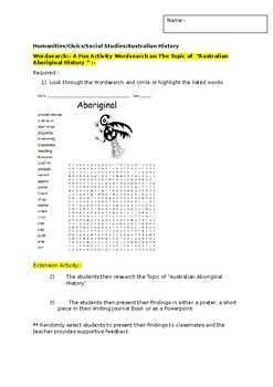 Preview of A Fun Wordsearch on Aboriginal History and an associated extension activity