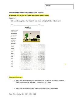Preview of A Fun Wordsearch on Africa and an associated extension activity