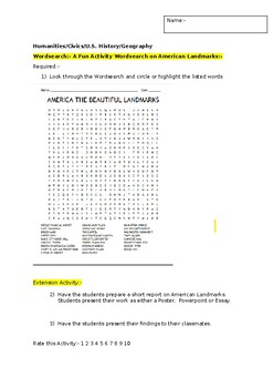 Preview of A Fun Wordsearch on American Landmarks and an associated extension task