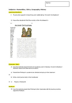 Preview of A Fun Wordsearch on Ancient Civilisations and an associated extension task