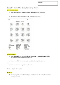 Preview of A Fun Wordsearch on Ancient Egypt and an associated extension activity