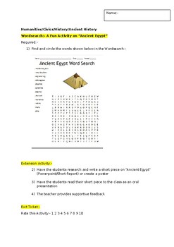 Preview of A Fun Wordsearch on "Ancient Egypt" and an associated extension activity