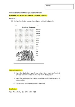 Preview of A Fun Wordsearch on "Ancient Greece" and an associated extension activity