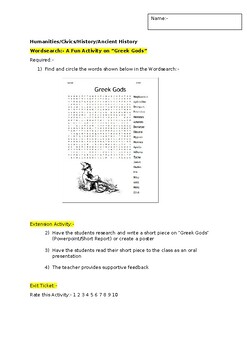 Preview of A Fun Wordsearch on "Ancient Greek Gods" and an associated extension task