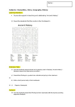 Preview of A Fun Wordsearch on Ancient History and an associated extension activity