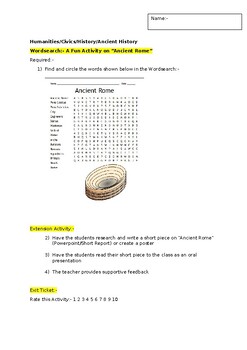 Preview of A Fun Wordsearch on "Ancient Rome" and an associated extension task