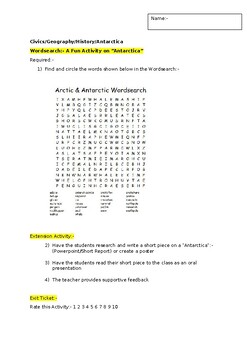 Preview of A Fun Wordsearch on "Antarctica" and an associated extension activity