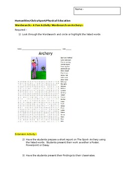 Preview of A Fun Wordsearch on Archery and an associated extension activity