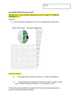 Preview of A Fun Wordsearch on "Artificial Intelligence" and an associated extension task