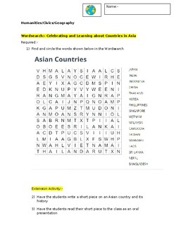 Preview of A Fun Wordsearch on Asian Countries including an extension activity