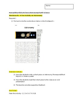Preview of A Fun Wordsearch on Astronomy and an associated extension activity