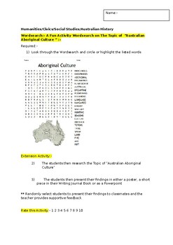 Preview of A Fun Wordsearch on Australian Aboriginal Culture and an extension task