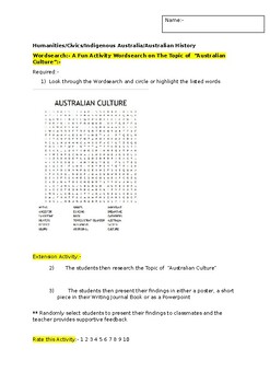 Preview of A Fun Wordsearch on Australian Culture and an associated extension task