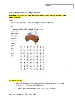 Preview of A Fun Wordsearch on Australian Geography including an extension task