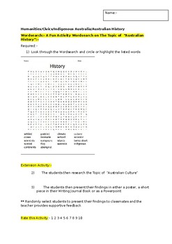 Preview of A Fun Wordsearch on Australian History and an associated extension task