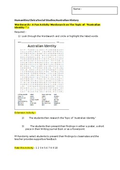 Preview of A Fun Wordsearch on Australian Identity and an associated extension activity