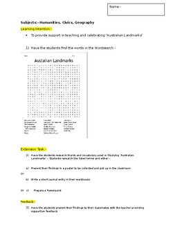 Preview of A Fun Wordsearch on Australian Landmarks and an associated extension activity