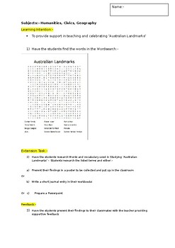 Preview of A Fun Wordsearch on Australian Landmarks and an associated extension activity