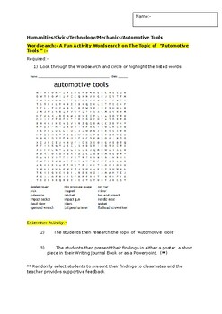 Preview of A Fun Wordsearch on Automotive Tools and an associated extension activity