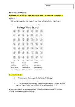 Preview of A Fun Wordsearch on "BIOLOGY" and an associated extension task