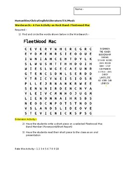 Preview of A Fun Wordsearch on Band- Fleetwood Mac and an associated extension task