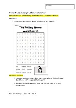 Preview of A Fun Wordsearch on Band- The Rolling Stones and an extension activity
