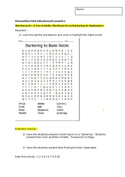 Preview of A Fun Wordsearch on Bartering to Banknotes and an extension activity
