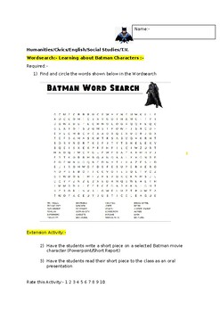 Preview of A Fun Wordsearch on Batman Characters and an extension activity