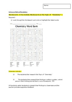 Preview of A Fun Wordsearch on "CHEMISTRY" and an associated extension task