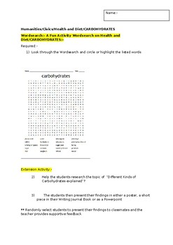 Preview of A Fun Wordsearch on Carbohydrates and an associated extension activity