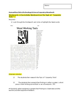 Preview of A Fun Wordsearch on Carpentry Tools and an associated extension activity
