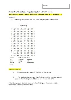 Preview of A Fun Wordsearch on Carpentry and an associated extension task
