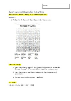 Preview of A Fun Wordsearch on "Chinese Dynasties" and an associated extension task