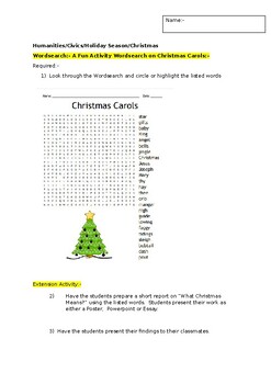 Preview of A Fun Wordsearch on Christmas Carols and an associated extension activity