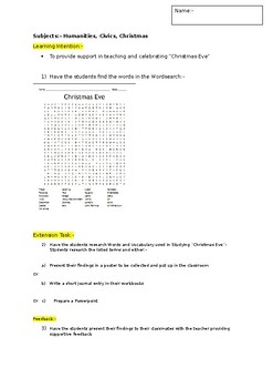 Preview of A Fun Wordsearch on Christmas Eve and an associated extension task