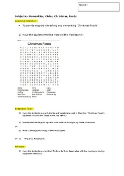 Preview of A Fun Wordsearch on Christmas Foods and an Associated Extension Task
