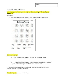 Preview of A Fun Wordsearch on Christmas Treats and an associated extension activity