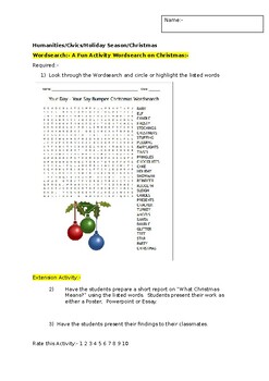 Preview of A Fun Wordsearch on Christmas and an associated extension activity