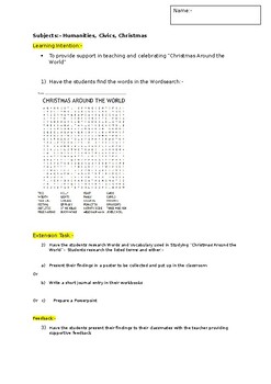 Preview of A Fun Wordsearch on Christmas around the world and an extension task