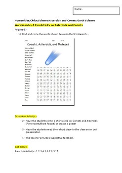 Preview of A Fun Wordsearch on Comets and Asteroids and an associated extension task