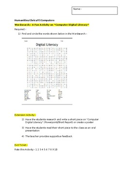 Preview of A Fun Wordsearch on "Computer Digital Literacy" and an extension activity