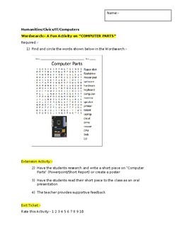 Preview of A Fun Wordsearch on "Computer Parts" and an associated extension activity