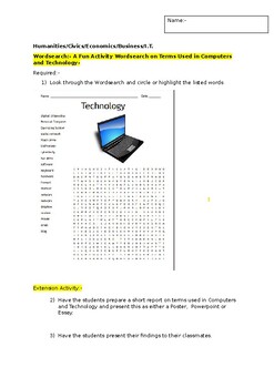 Preview of A Fun Wordsearch on Computers and Technology and an extension activity