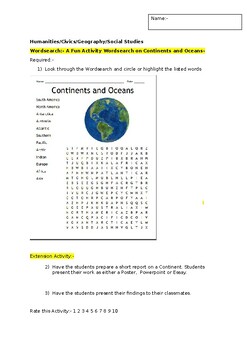 Preview of A Fun Wordsearch on Continents and Oceans and an extension activity