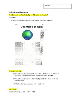 Preview of A Fun Wordsearch on "Countries of Asia" and an associated extension activity
