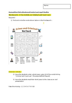Preview of A Fun Wordsearch on Criminal and Crime Law (including an extension task)