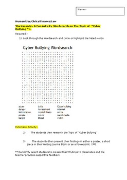 Preview of A Fun Wordsearch on Cyber Bullying and an associated extension task