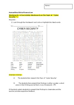 Preview of A Fun Wordsearch on Cyber Security and an associated extension activity